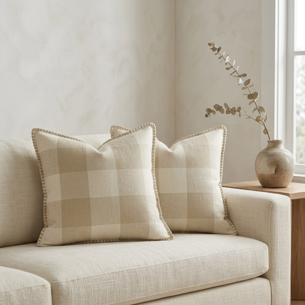 2pc Gingham Linen Cushion Cover with Stitched Edge