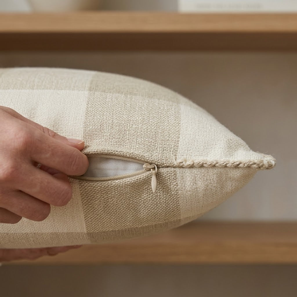 2pc Gingham Linen Cushion Cover with Stitched Edge