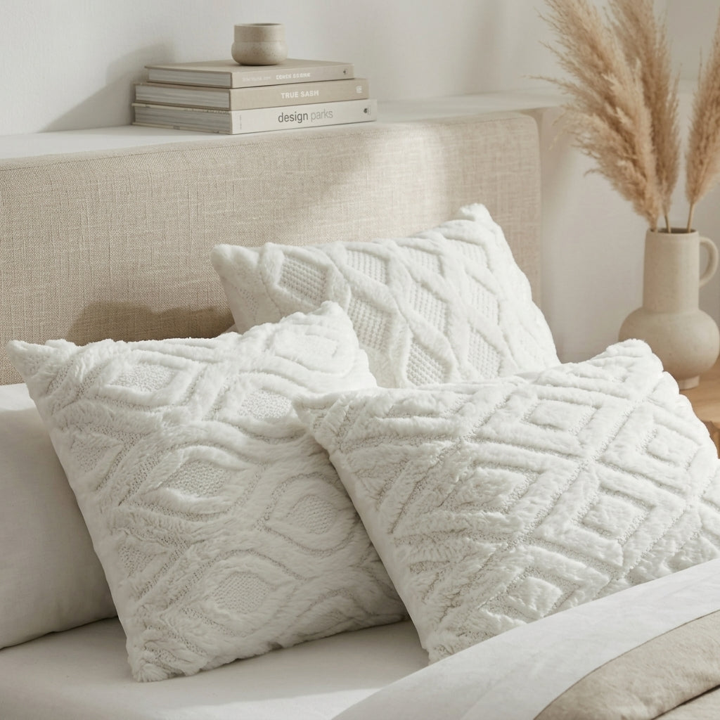 4pc Textured Faux Fur Geometric Cushion Cover
